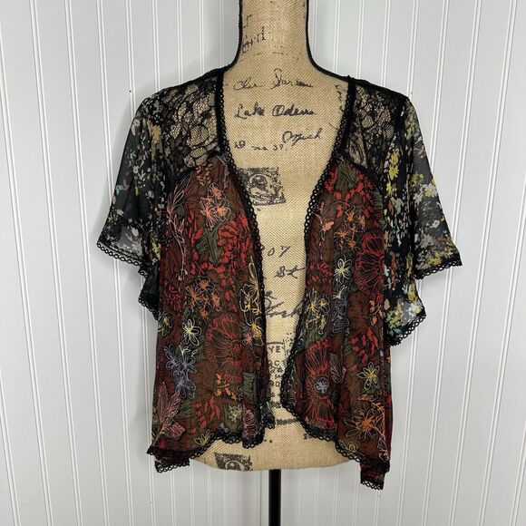 Fig And Flower Sheer Cardigan Top L Black Floral Flutter Sleeve Whimsigoth Fairy - Picture 14 of 14